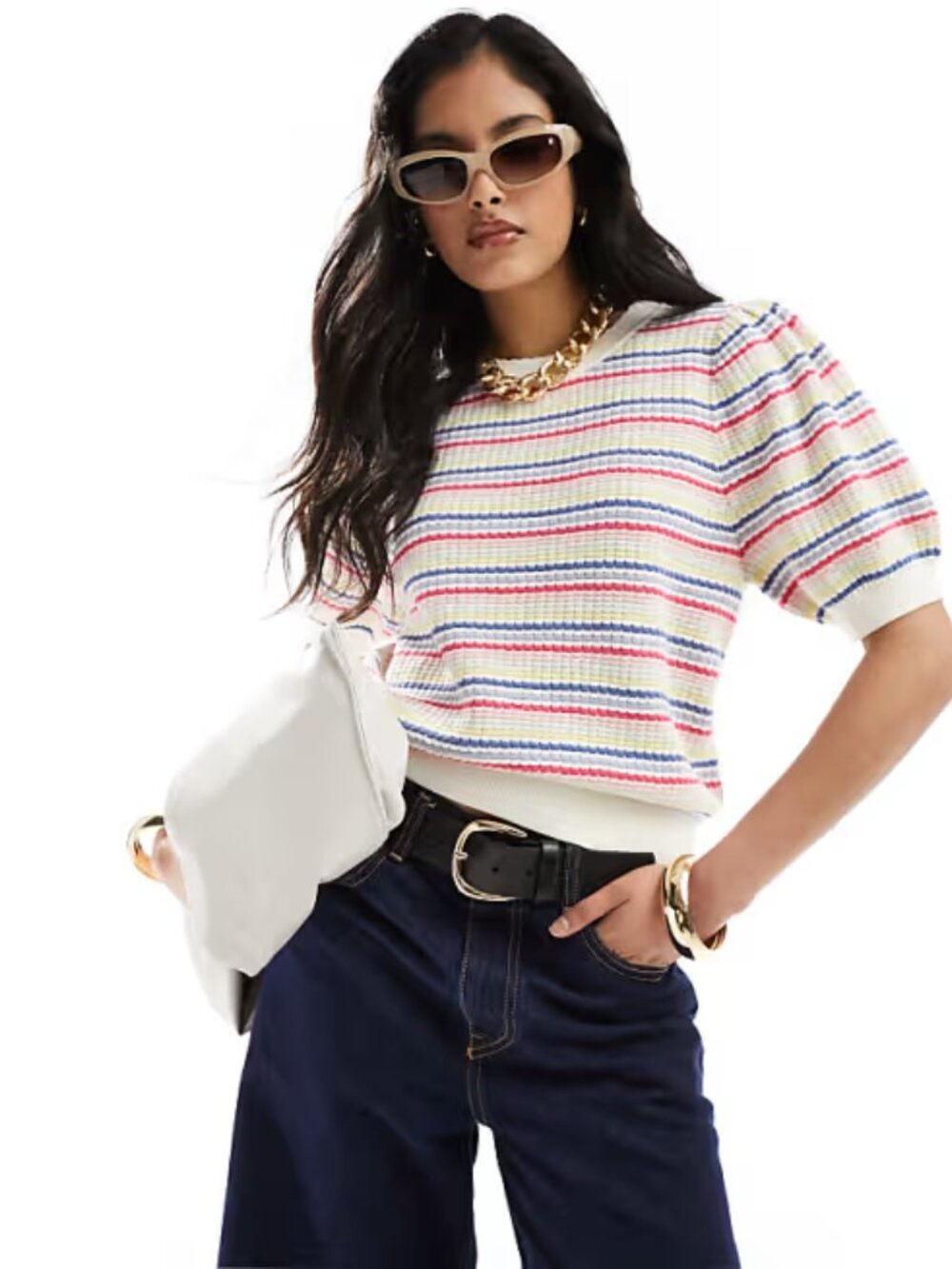 & Other Stories Scalloped Knit Top Multi Striped Short Sleeve Sweater Size M